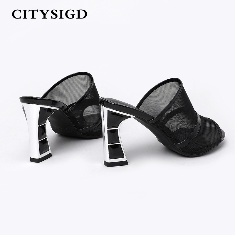 都市情人CITYSIGD2020夏季新款高跟拖鞋网纱粗跟