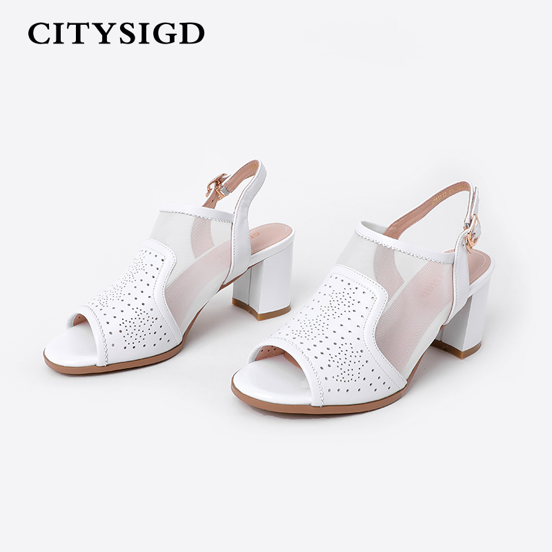 都市情人CITYSIGD2020夏季新款凉鞋女真皮拼接网纱粗跟凉鞋